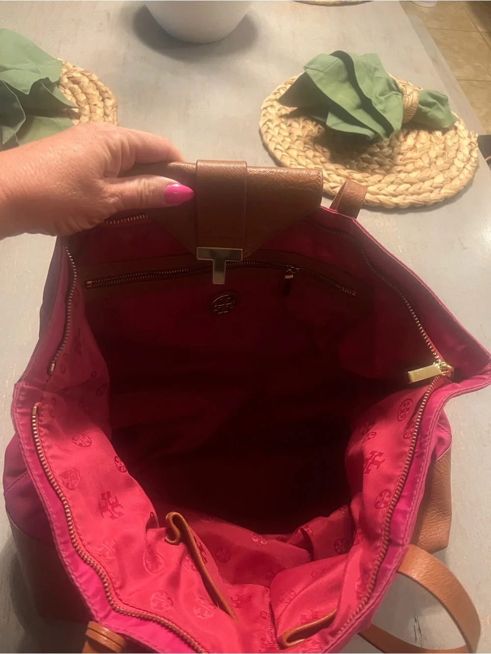 Tory Burch Fuchsia Nylon Tote with Brown Leather Trim